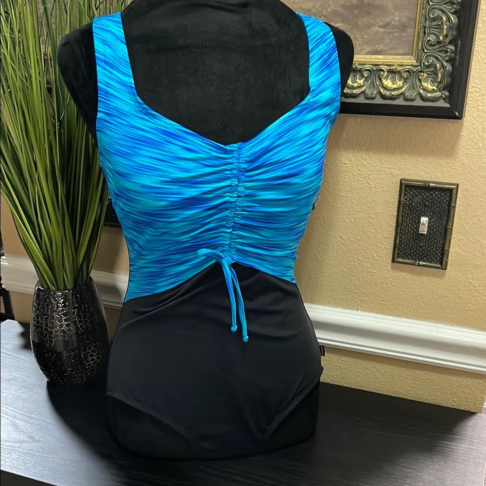 Reebok Blue and Black Ruched Swimsuit NWT